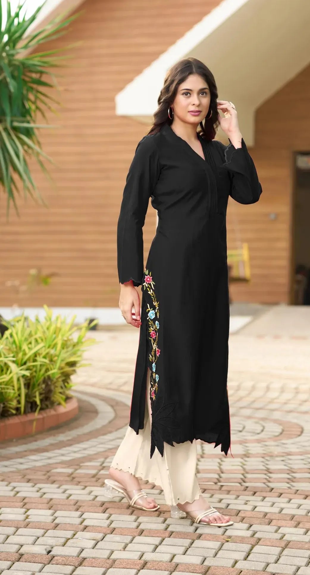 Black Embroidered Art Silk Straight Kurta