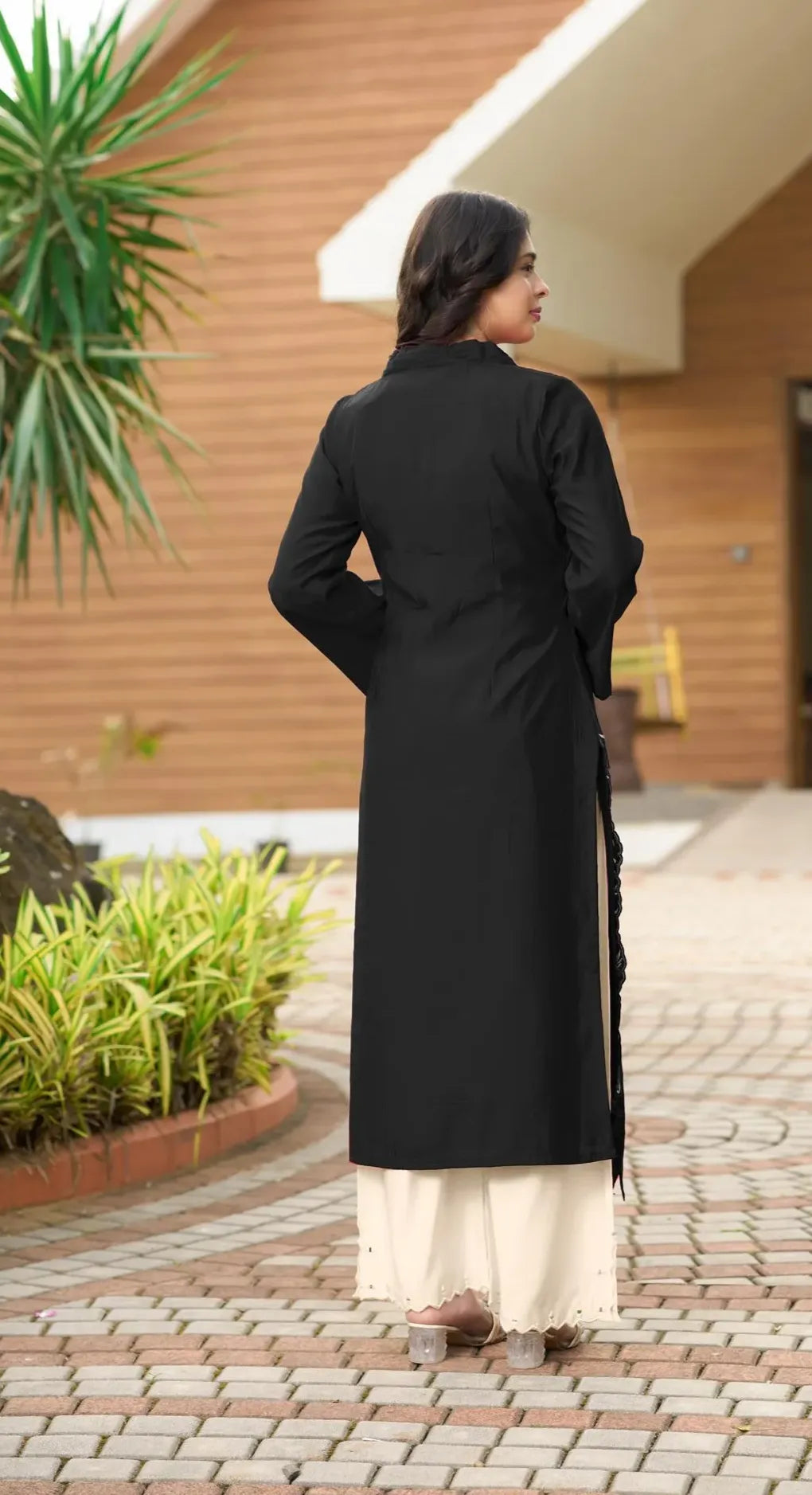 Black Embroidered Art Silk Straight Kurta