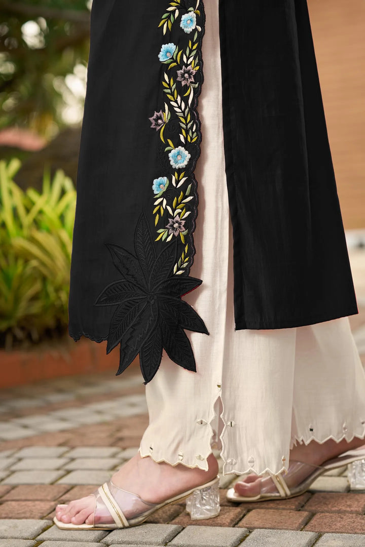 Black Embroidered Art Silk Straight Kurta