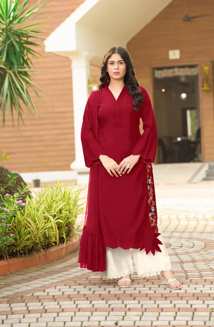 Maroon Resham Embroidery Art Silk Asymmetrical Suit