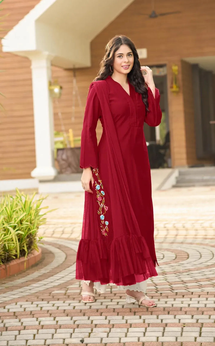 Maroon Resham Embroidery Art Silk Asymmetrical Suit