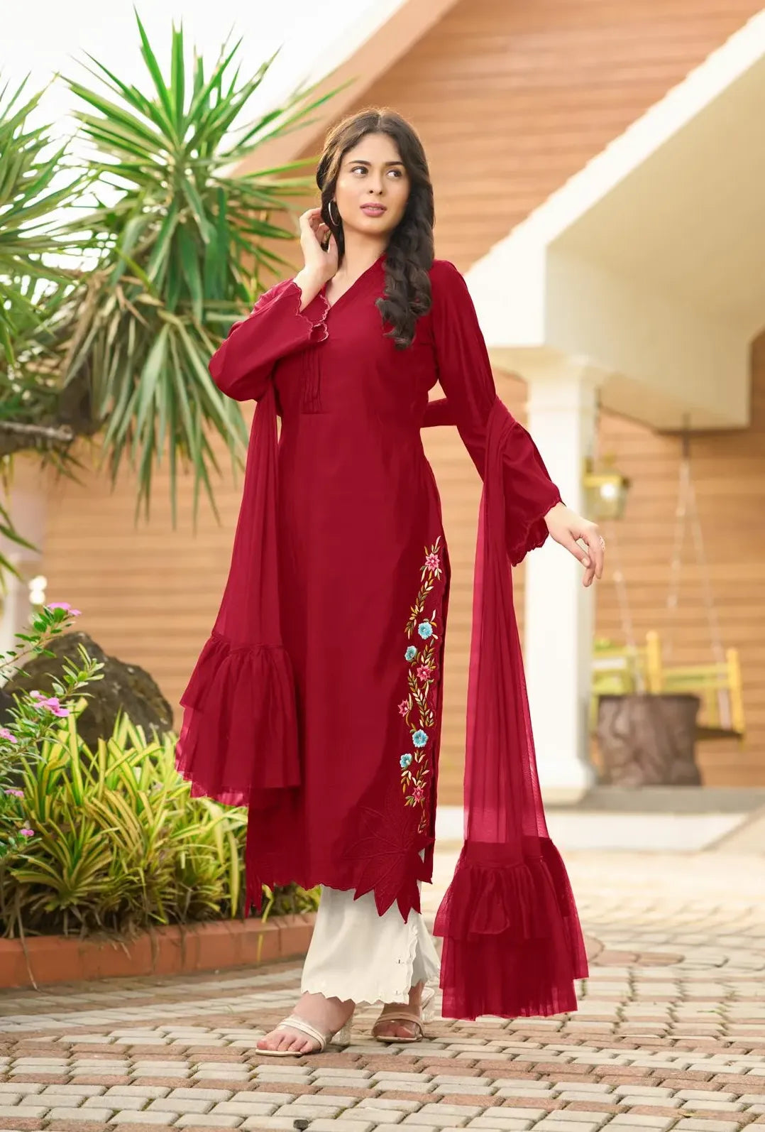 Maroon Resham Embroidery Art Silk Asymmetrical Suit