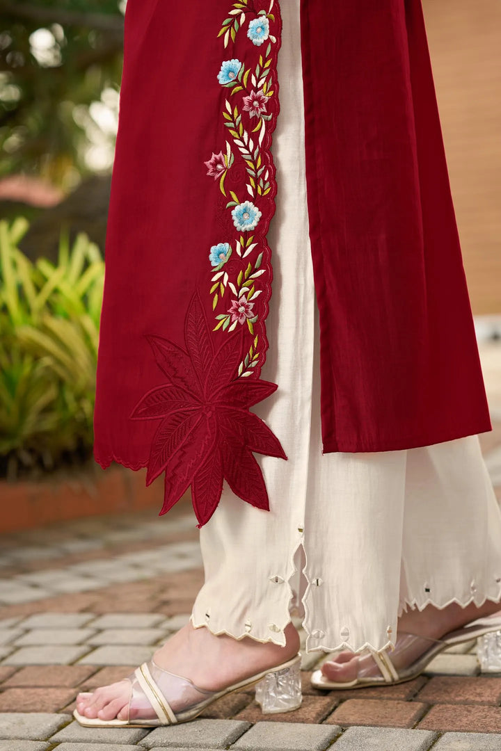 Maroon Resham Embroidery Art Silk Asymmetrical Suit