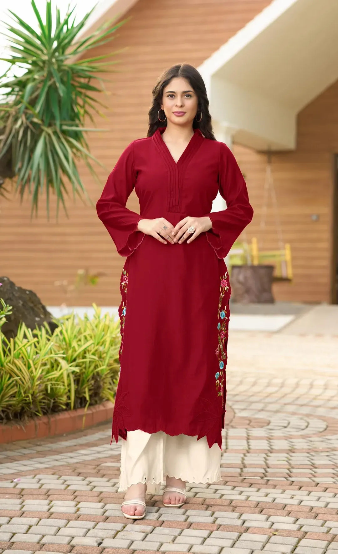 Maroon Embroidered Art Silk Straight Kurta