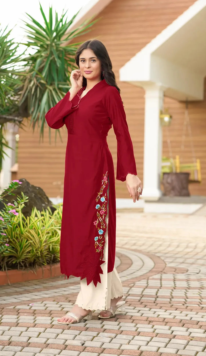 Maroon Embroidered Art Silk Straight Kurta