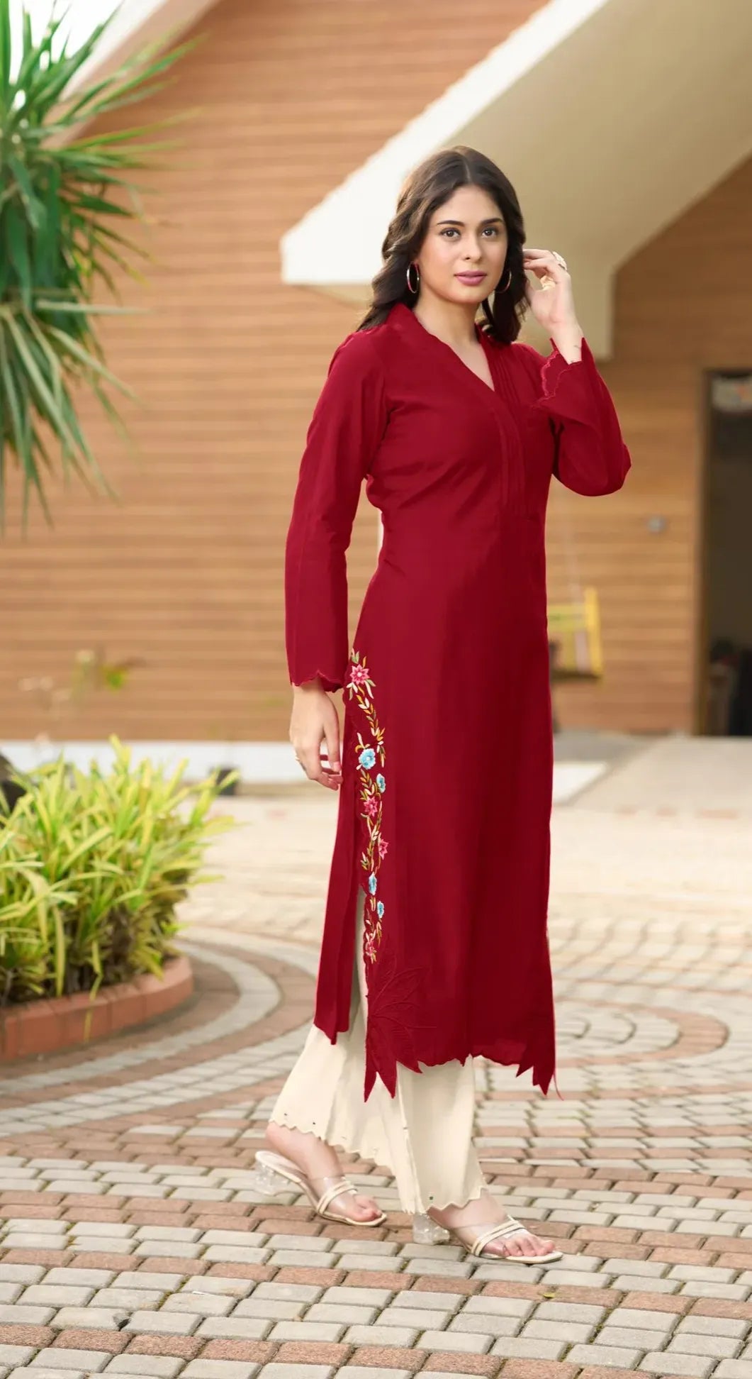 Maroon Embroidered Art Silk Straight Kurta