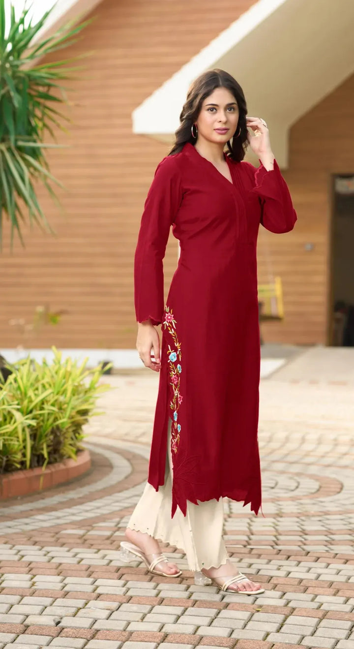 Maroon Embroidered Art Silk Straight Kurta