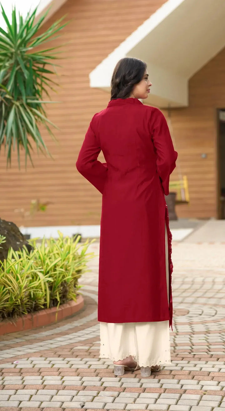 Maroon Embroidered Art Silk Straight Kurta