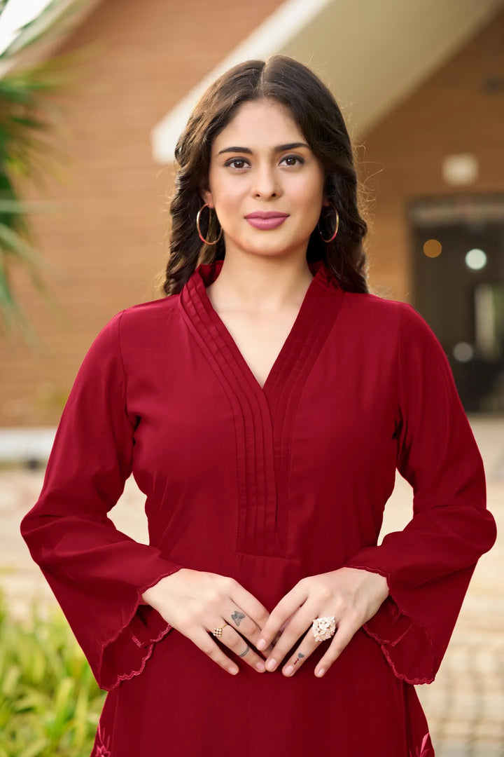 Maroon Embroidered Art Silk Straight Kurta