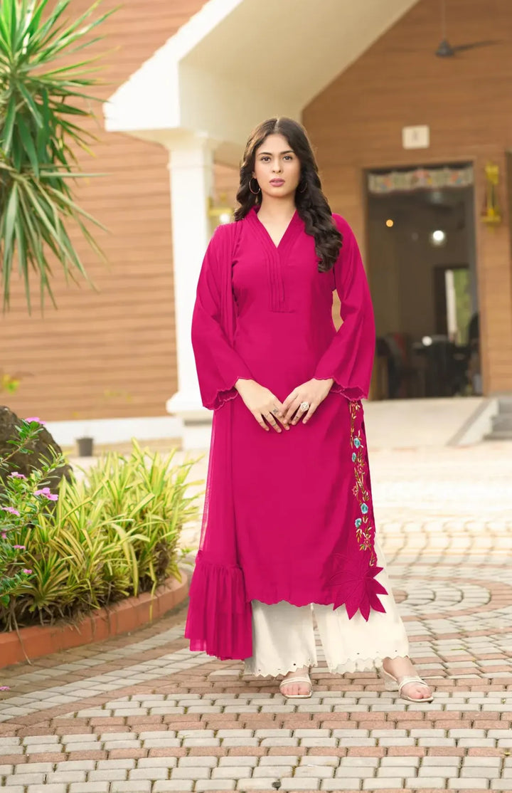Magenta Resham Embroidery Art Silk Asymmetrical Suit