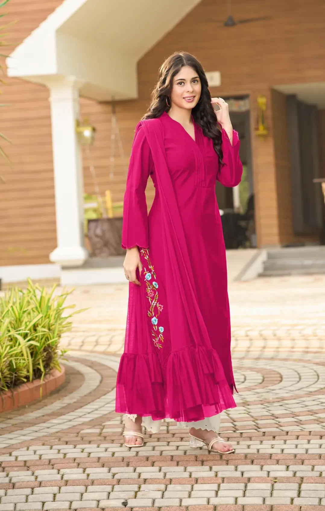 Magenta Resham Embroidery Art Silk Asymmetrical Suit