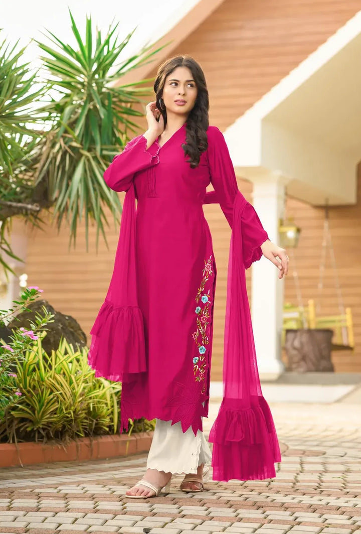 Magenta Resham Embroidery Art Silk Asymmetrical Suit