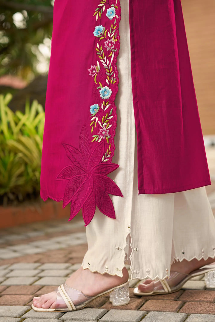 Magenta Resham Embroidery Art Silk Asymmetrical Suit
