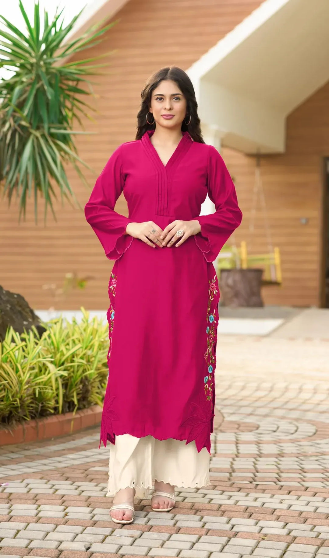 M.Pink Embroidered Art Silk Straight Kurta