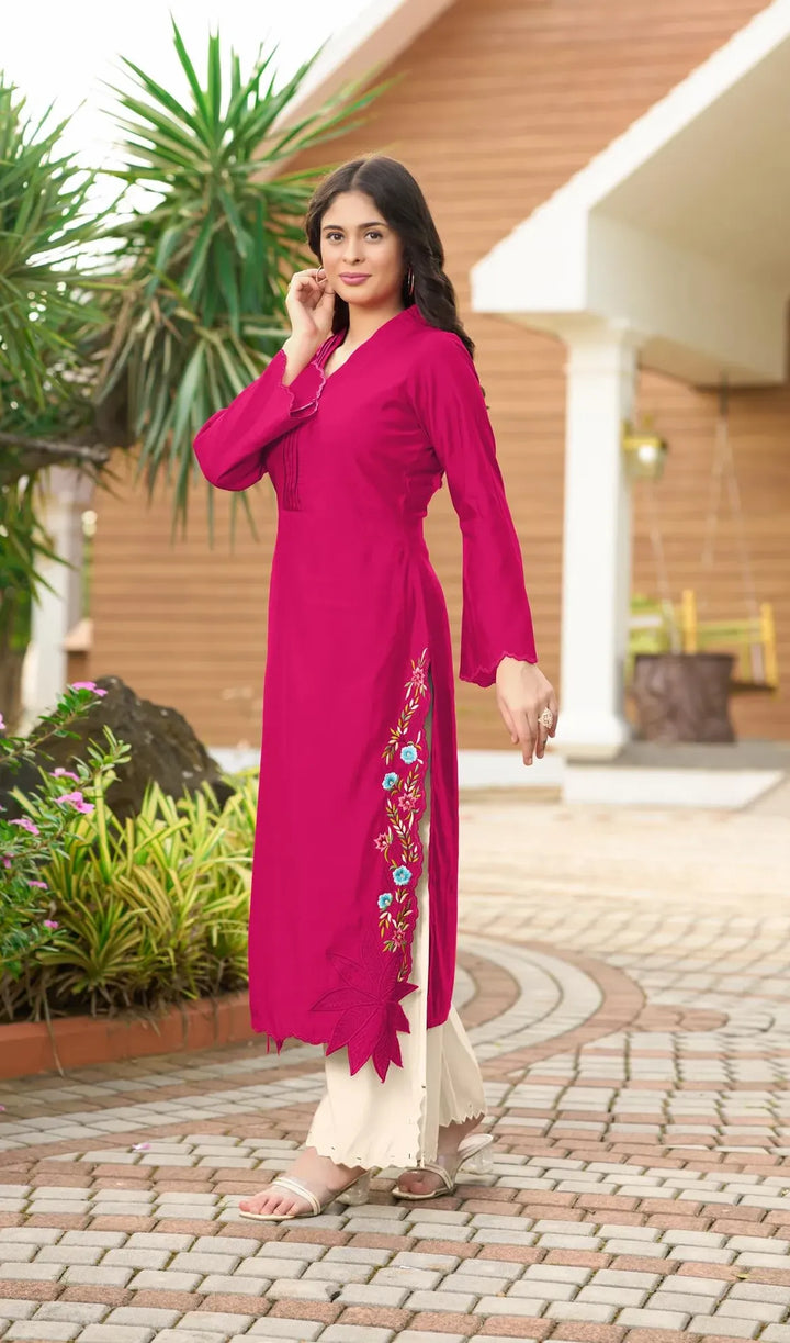 M.Pink Embroidered Art Silk Straight Kurta