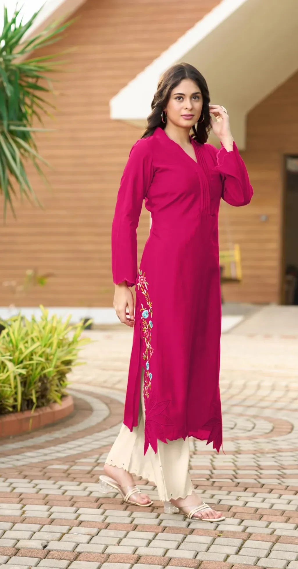 M.Pink Embroidered Art Silk Straight Kurta