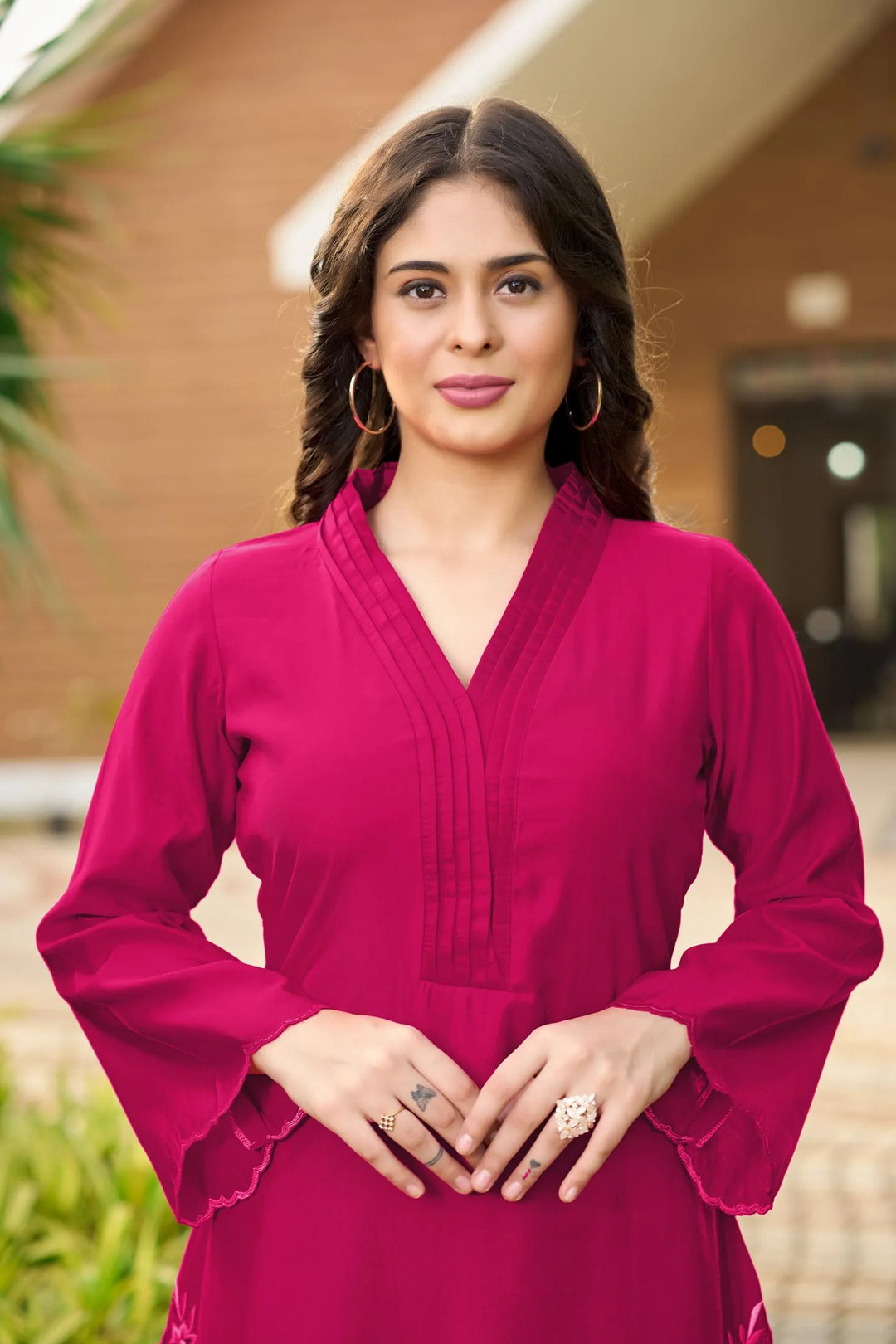 M.Pink Embroidered Art Silk Straight Kurta