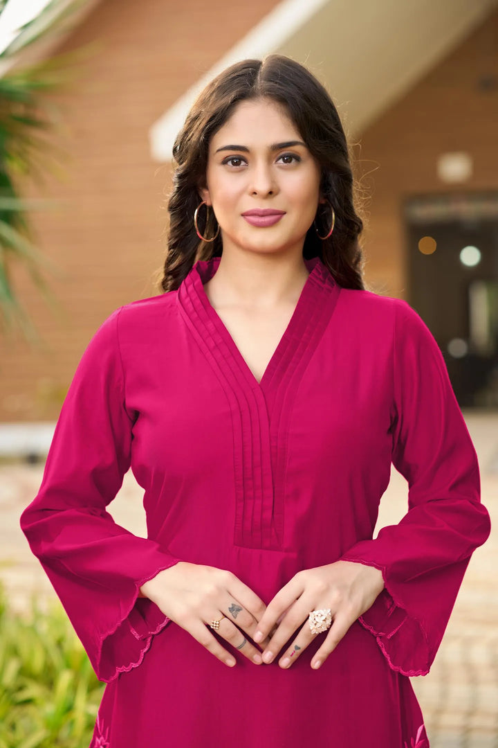 M.Pink Embroidered Art Silk Straight Kurta