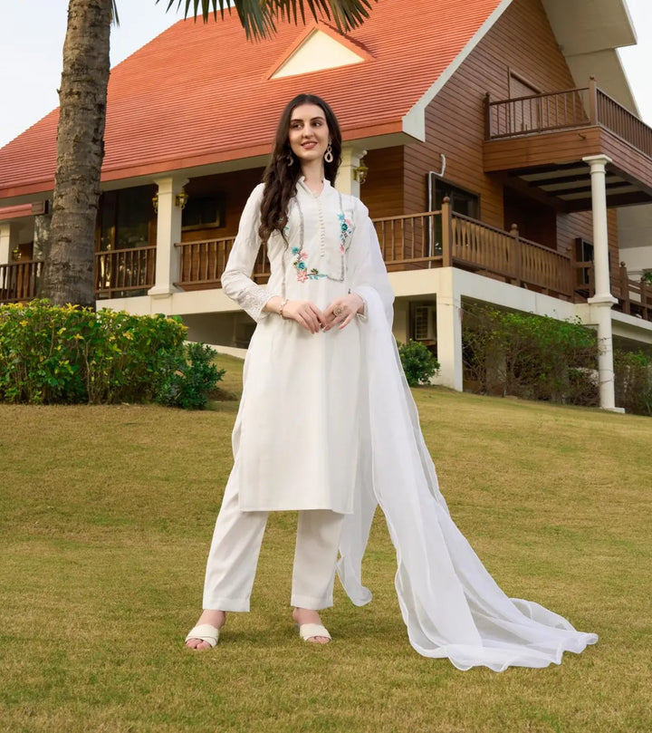 Off White Machine Embroidery Art Silk Straight Suit