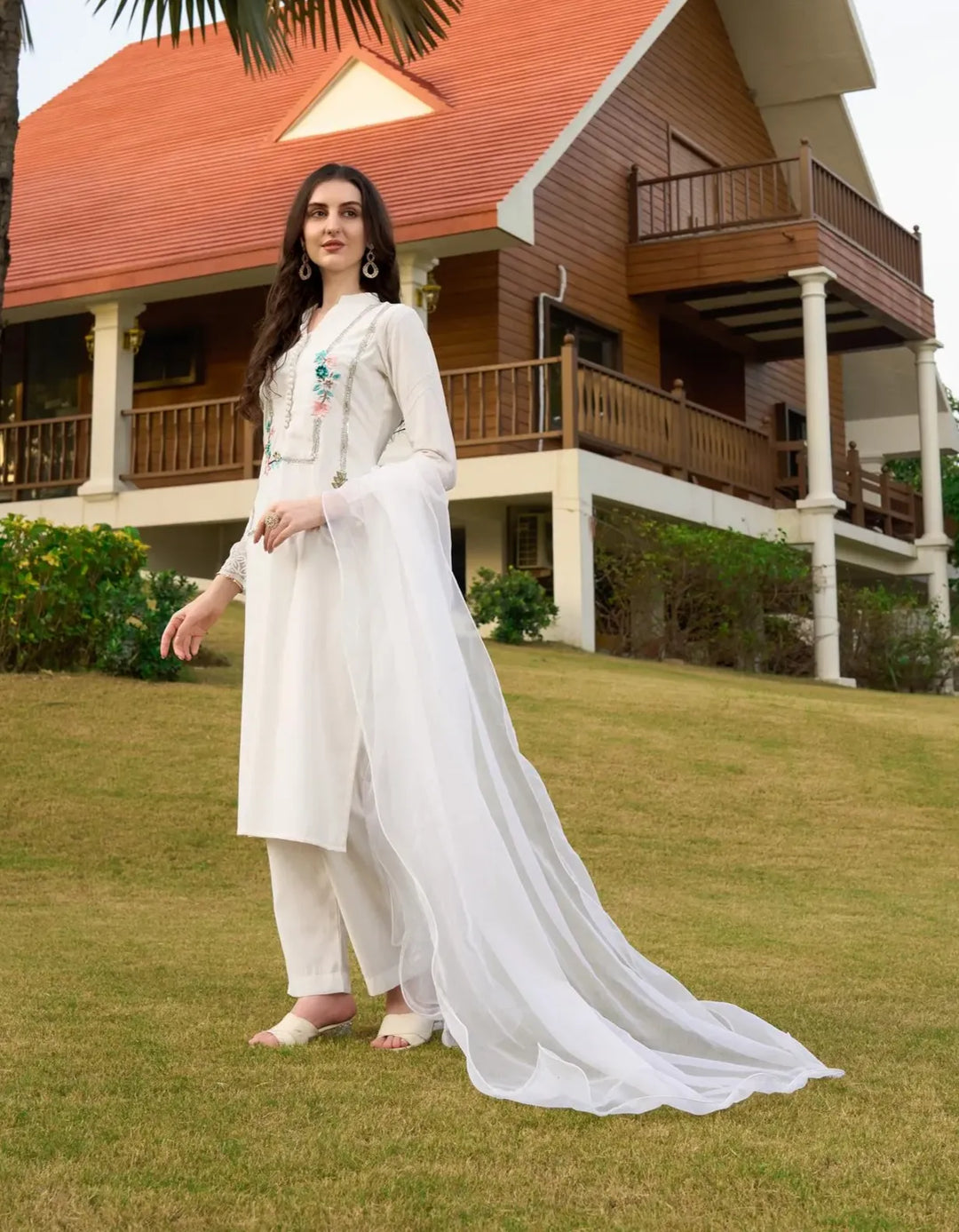 Off White Machine Embroidery Art Silk Straight Suit