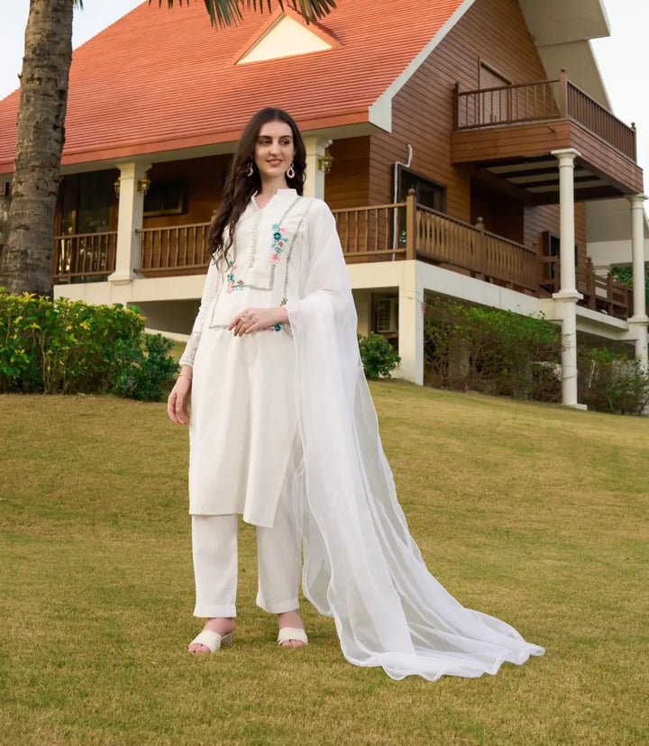 Off White Machine Embroidery Art Silk Straight Suit