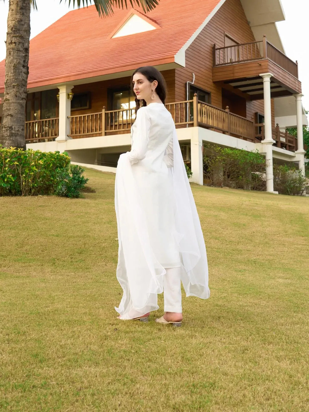 Off White Machine Embroidery Art Silk Straight Suit