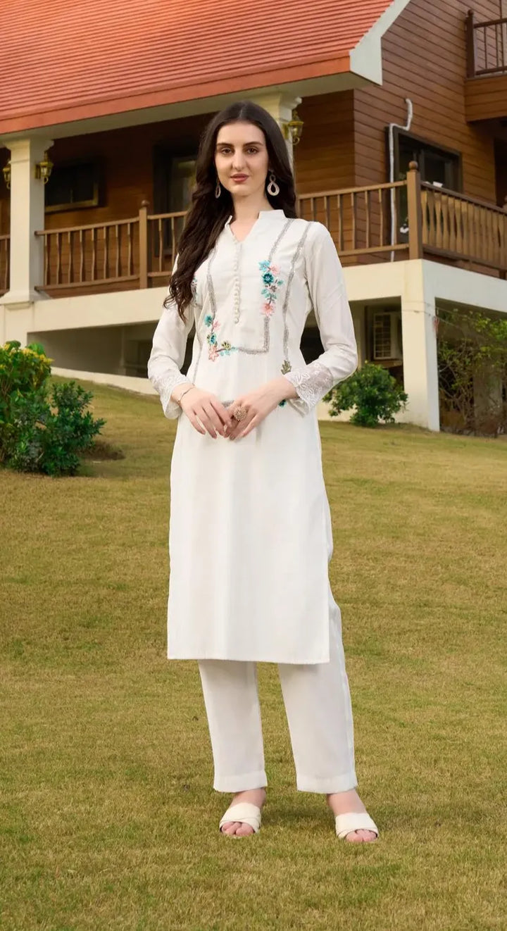 Off White Embroidered Art Silk Straight Kurta