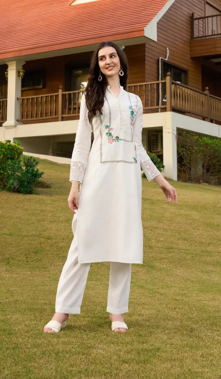 Off White Embroidered Art Silk Straight Kurta