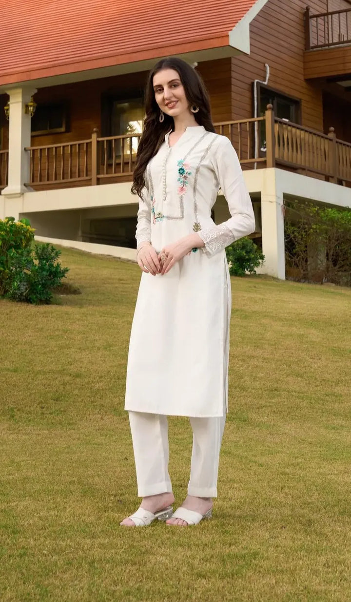 Off White Embroidered Art Silk Straight Kurta
