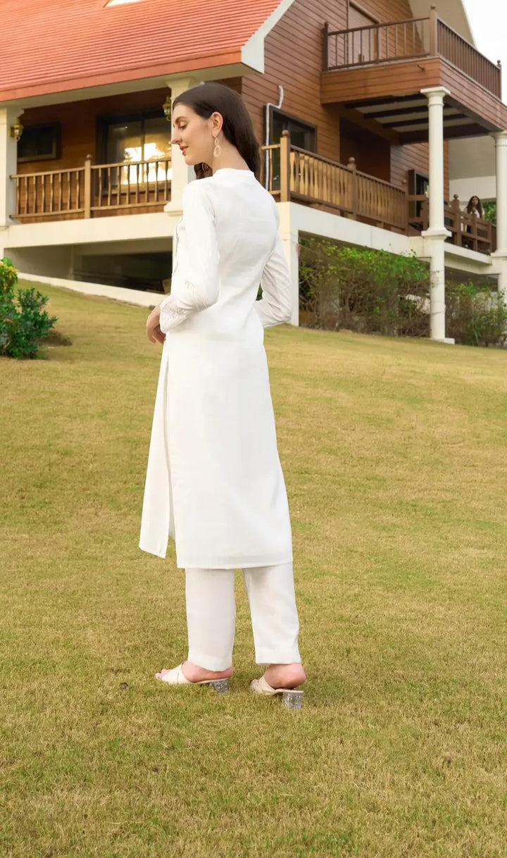 Off White Embroidered Art Silk Straight Kurta