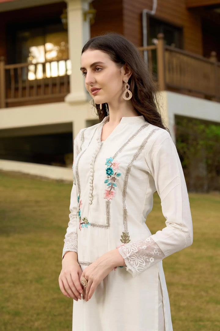 Off White Embroidered Art Silk Straight Kurta