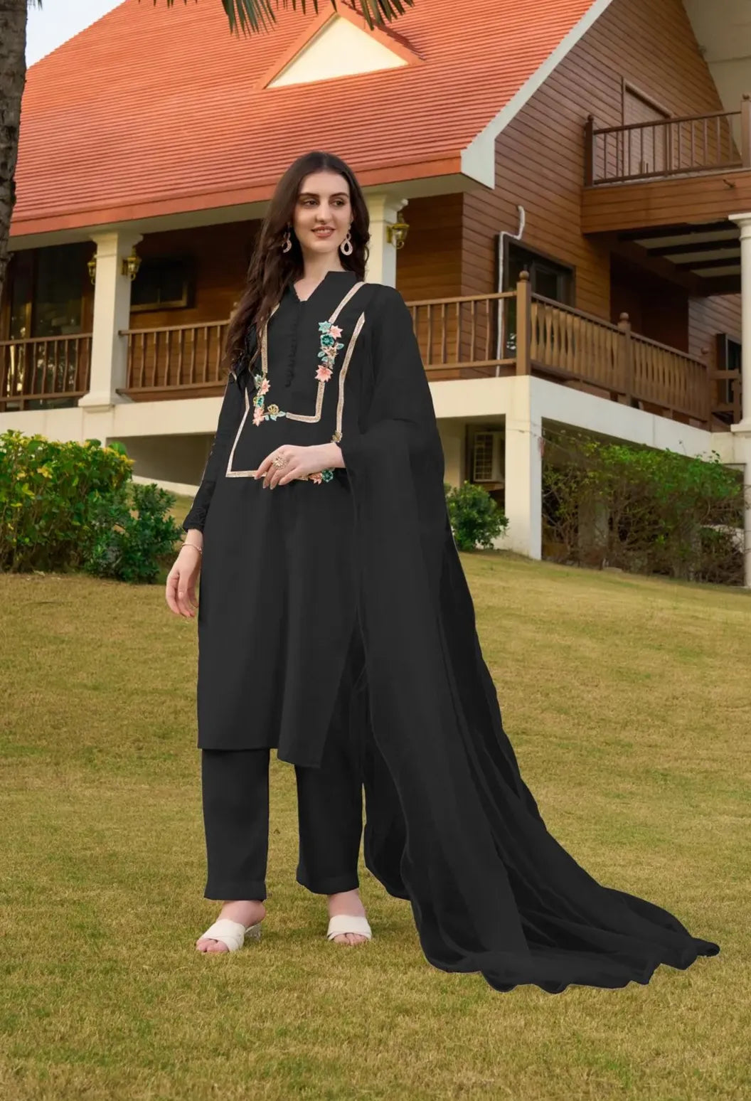 Black Machine Embroidery Art Silk Straight Suit