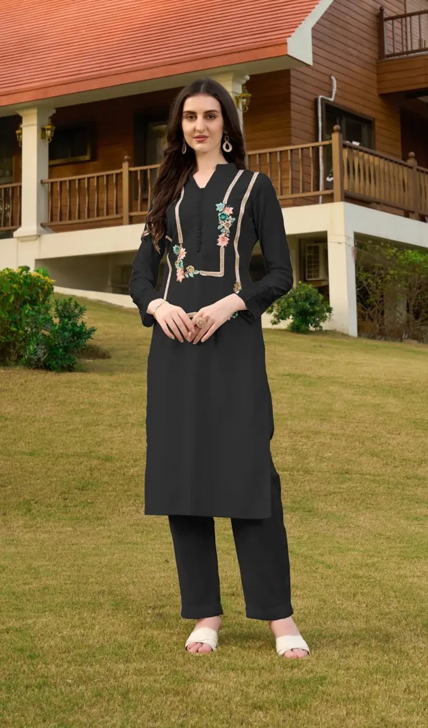 Black Embroidere Art Silk Straight Kurta
