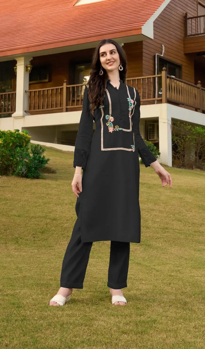 Black Embroidere Art Silk Straight Kurta