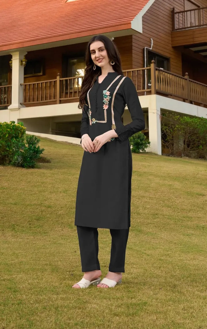Black Embroidere Art Silk Straight Kurta