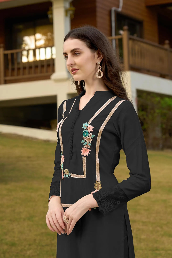Black Embroidere Art Silk Straight Kurta