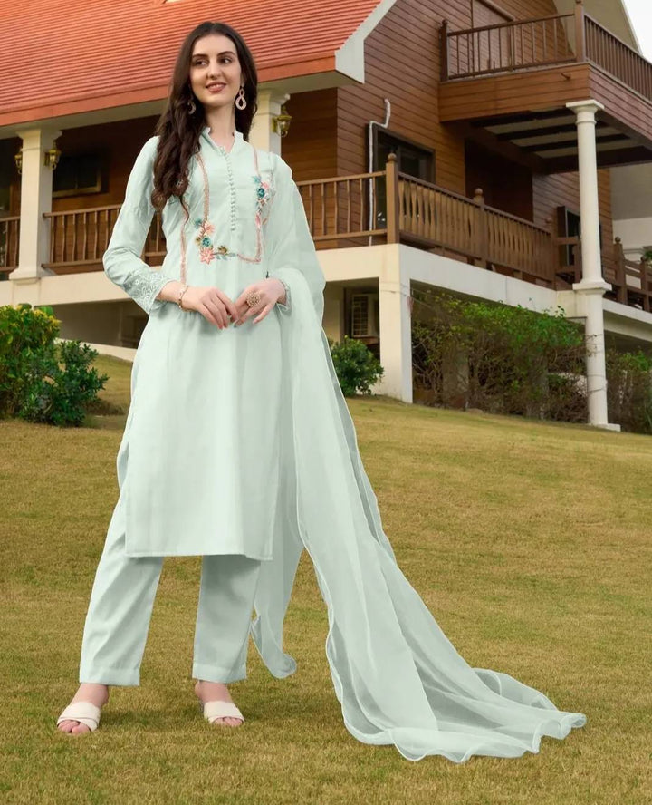 Sea Green Machine Embroidery Art Silk Straight Suit