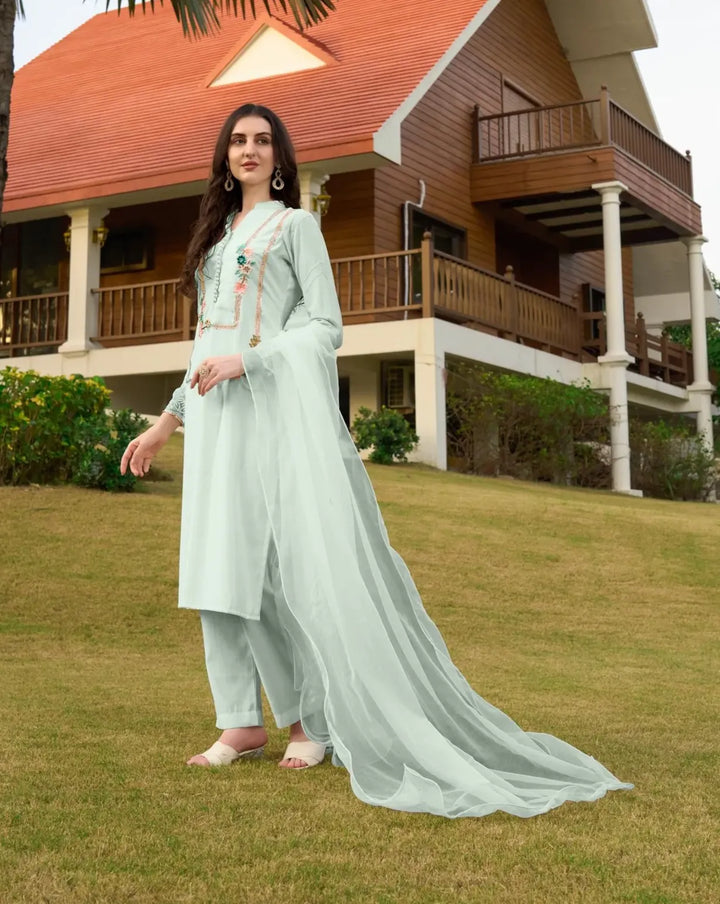 Sea Green Machine Embroidery Art Silk Straight Suit