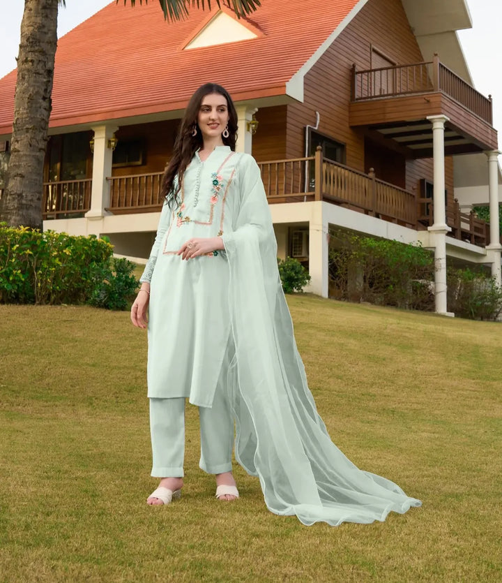 Sea Green Machine Embroidery Art Silk Straight Suit