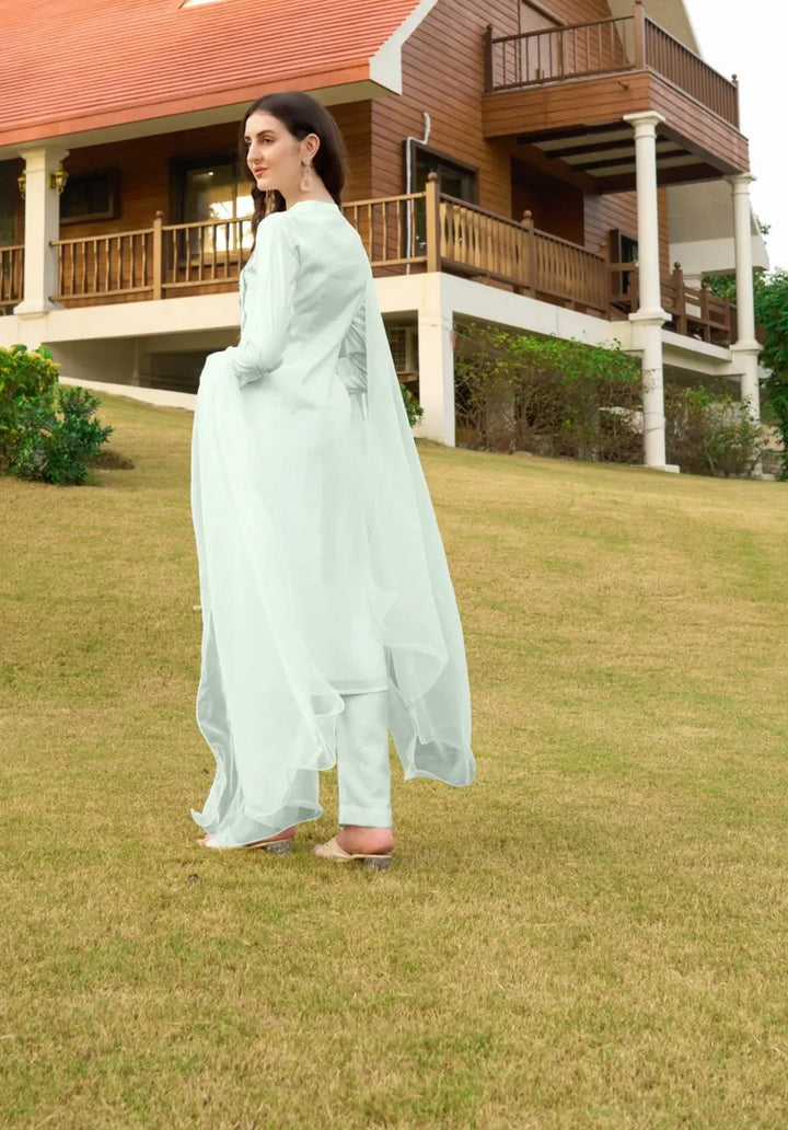 Sea Green Machine Embroidery Art Silk Straight Suit