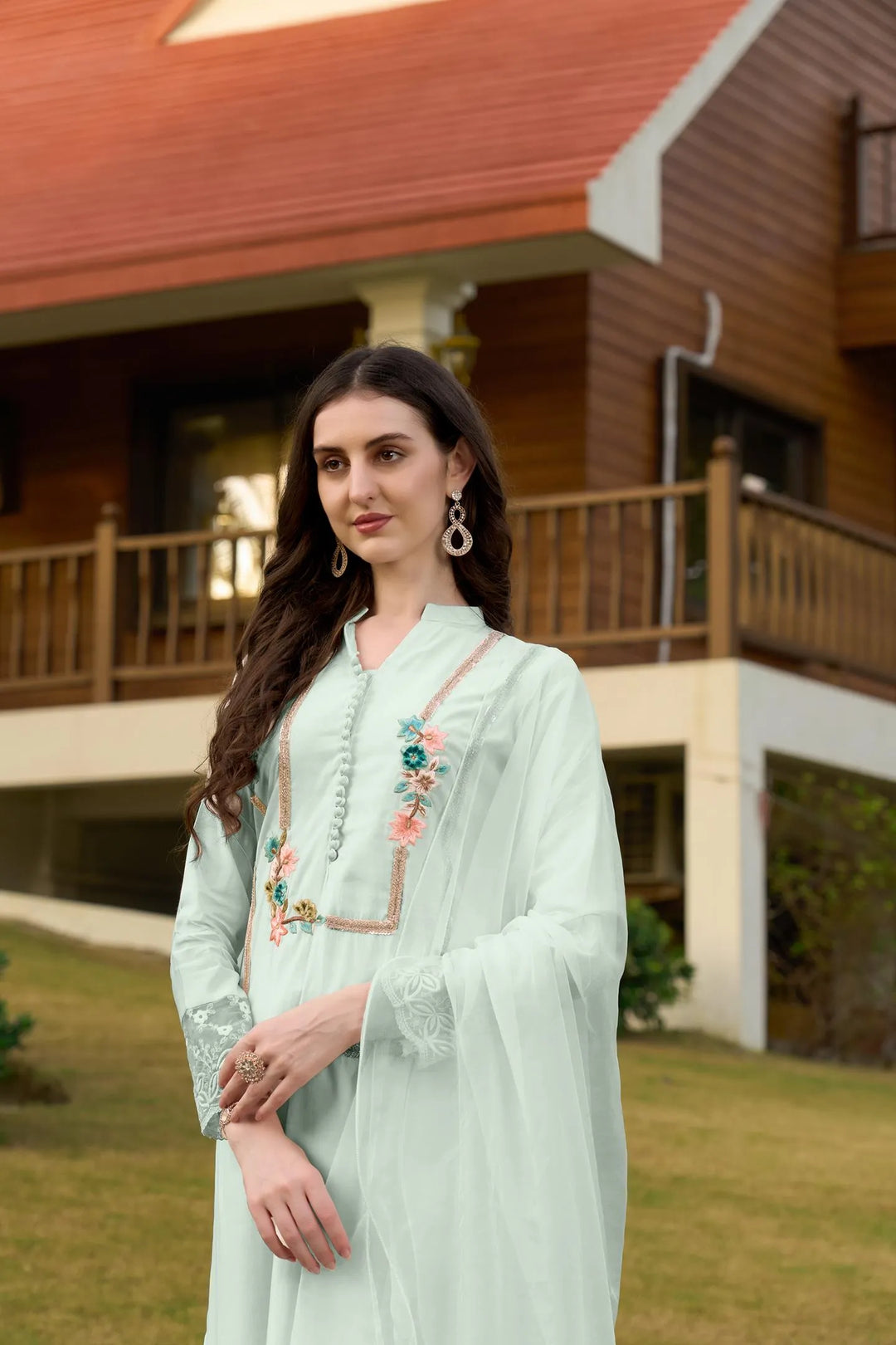 Sea Green Machine Embroidery Art Silk Straight Suit