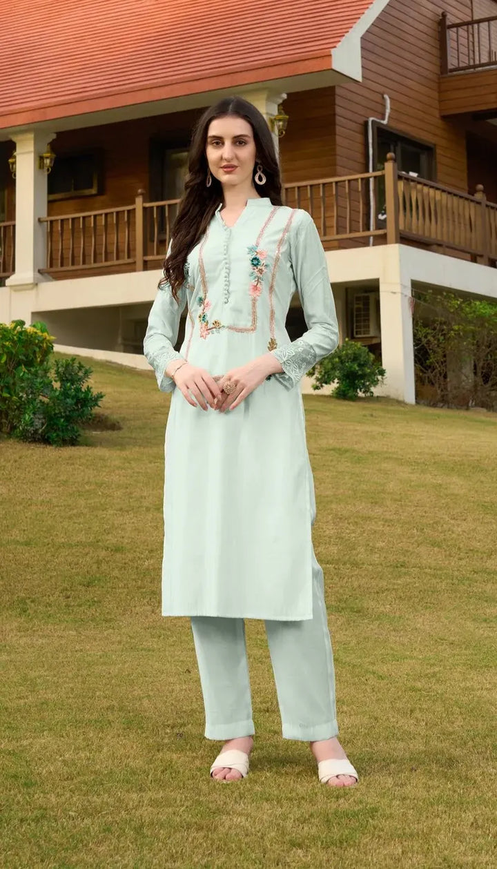 Sea Green Embroidere Art Silk Straight Kurta