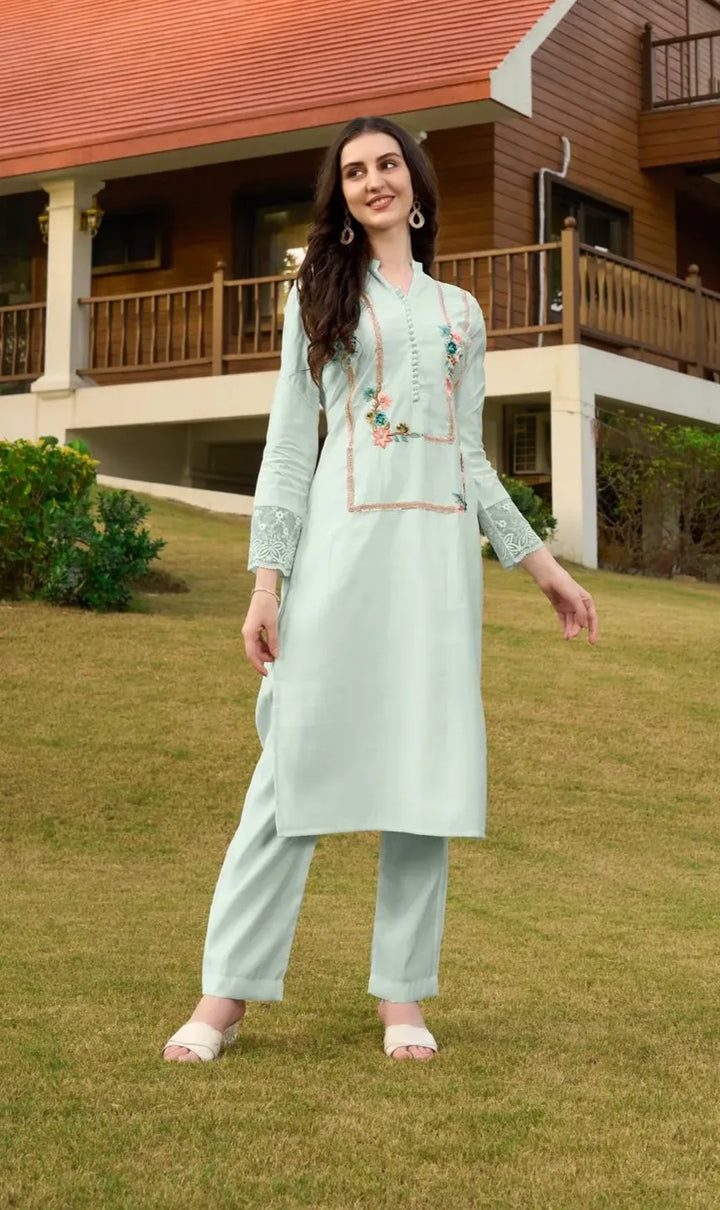 Sea Green Embroidere Art Silk Straight Kurta