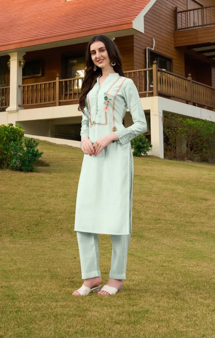 Sea Green Embroidere Art Silk Straight Kurta