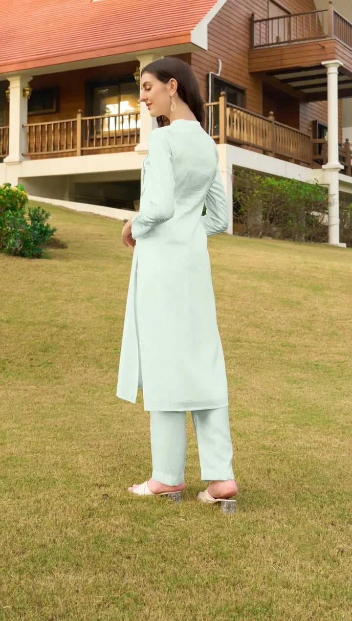 Sea Green Embroidere Art Silk Straight Kurta