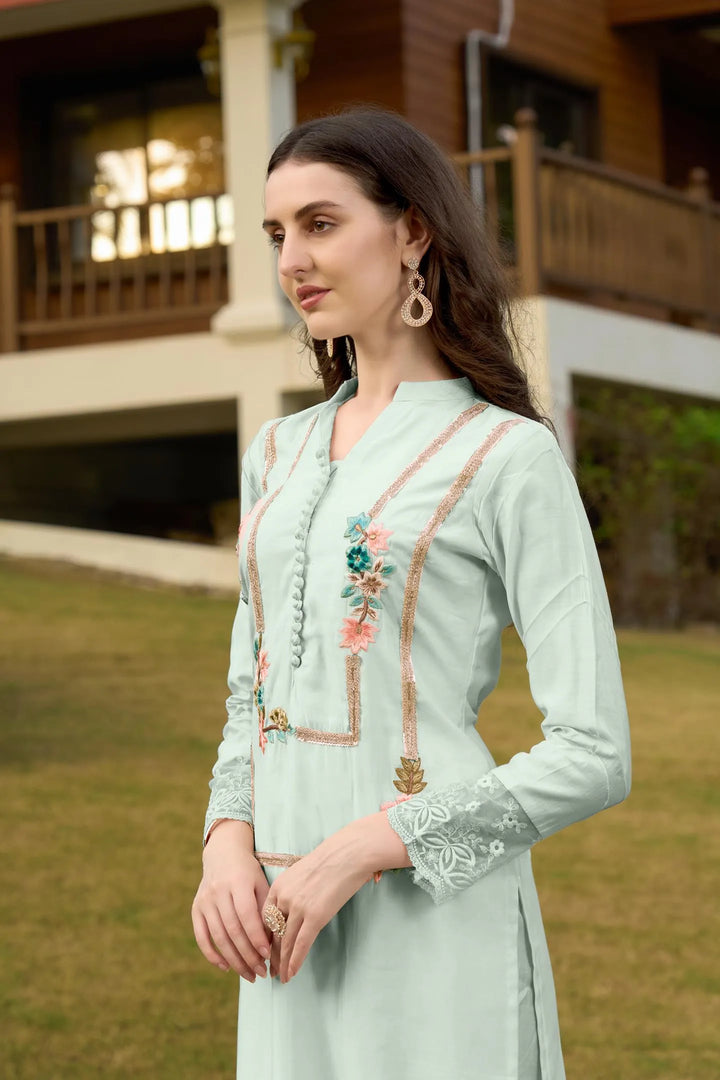 Sea Green Embroidere Art Silk Straight Kurta