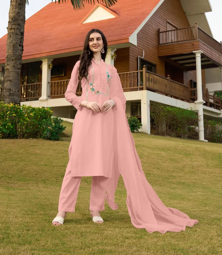 Light Pink Machine Embroidery Art Silk Straight Suit