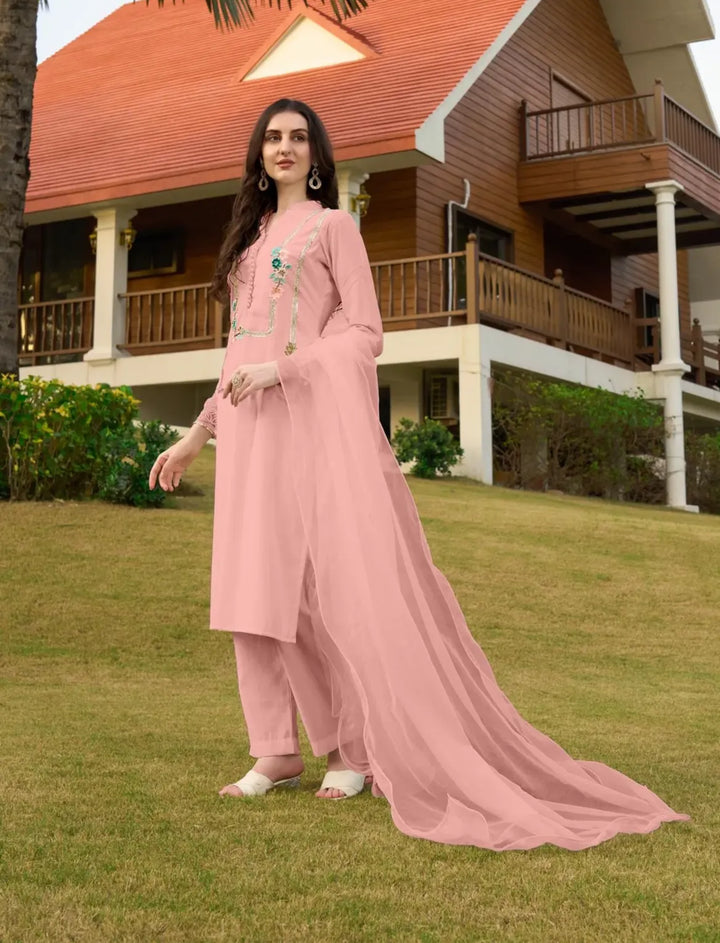Light Pink Machine Embroidery Art Silk Straight Suit