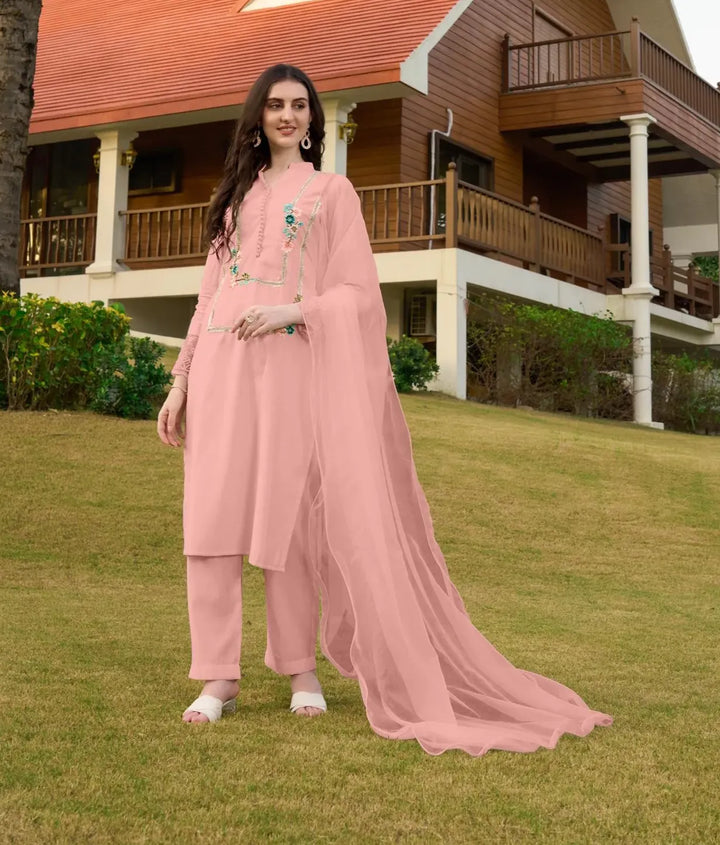 Light Pink Machine Embroidery Art Silk Straight Suit