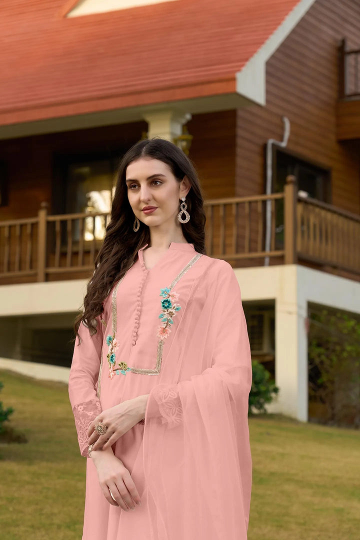 Light Pink Machine Embroidery Art Silk Straight Suit